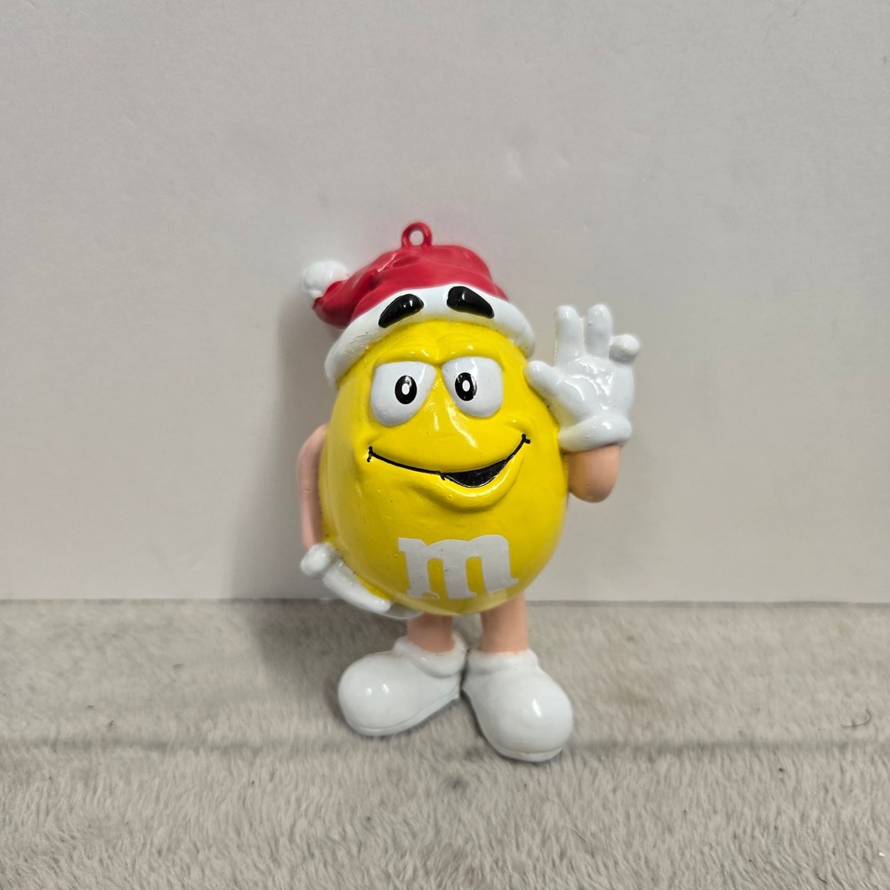 M&M Yellow Character Christmas Ornament Santa Hat Waving Mars Collectible 4 Inch